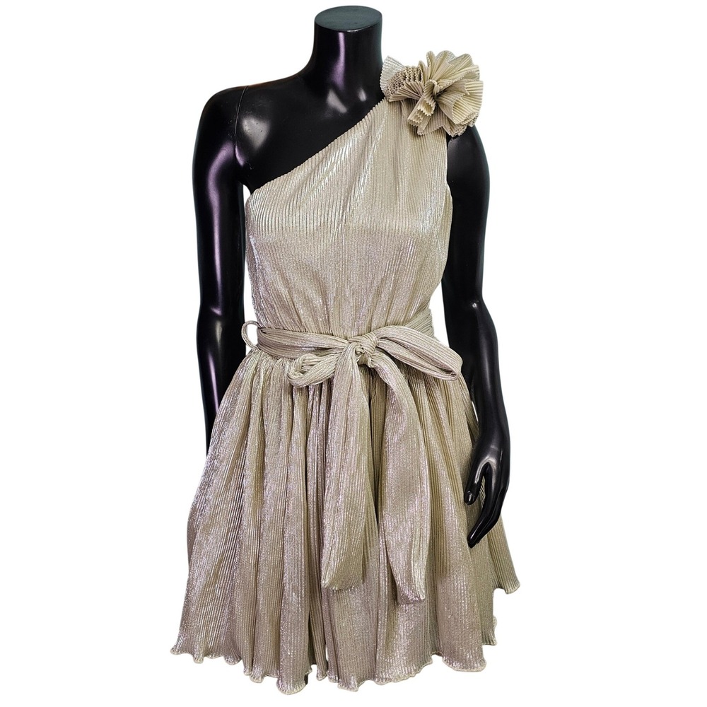 Mable Womens Champagne Gold Metallic Pleated One Shoulder Mini Dress Small